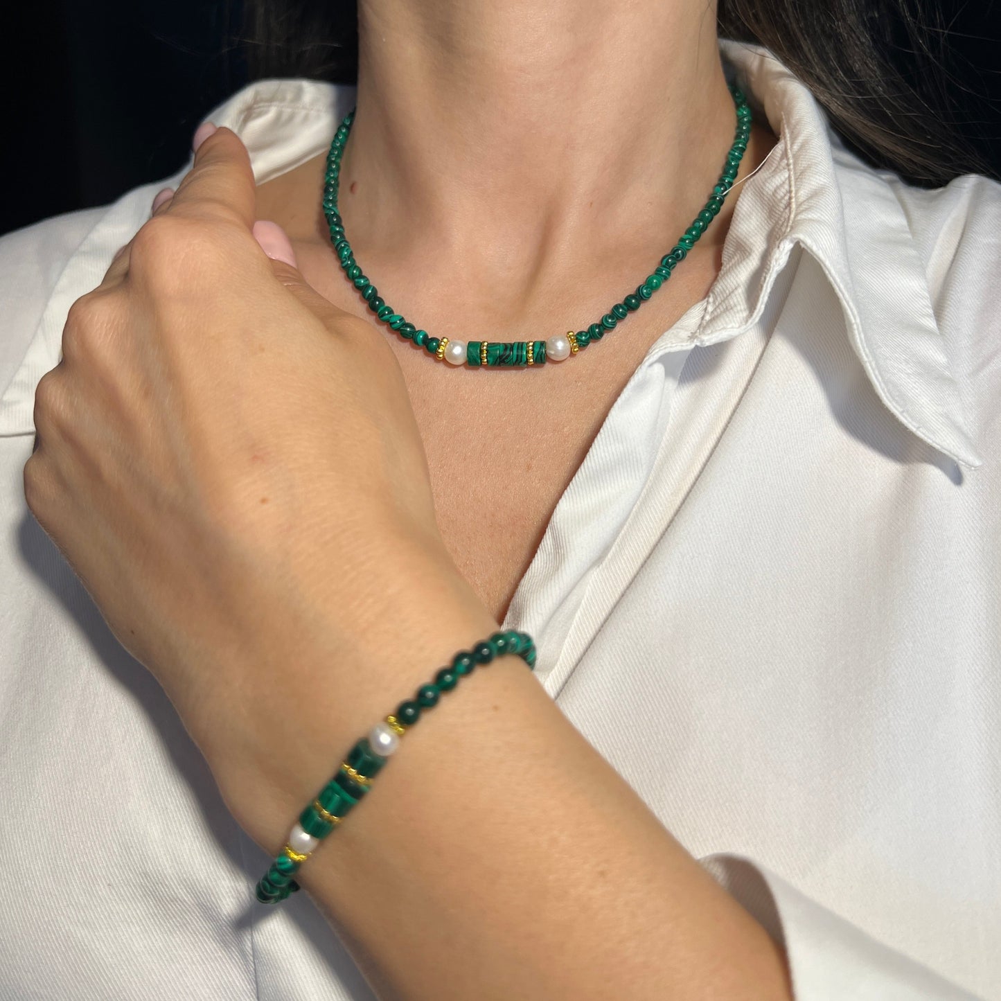 Set Perla Malachit - Brățară + Colier